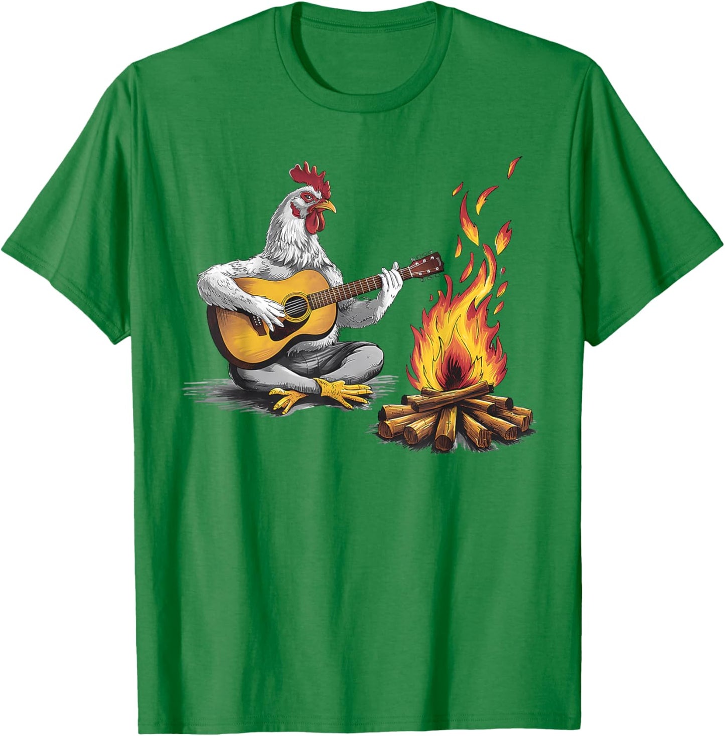 Funny graphic design Chicken Playing Guitar with Campfire T-Shirt - T-Shirt | Irish Green