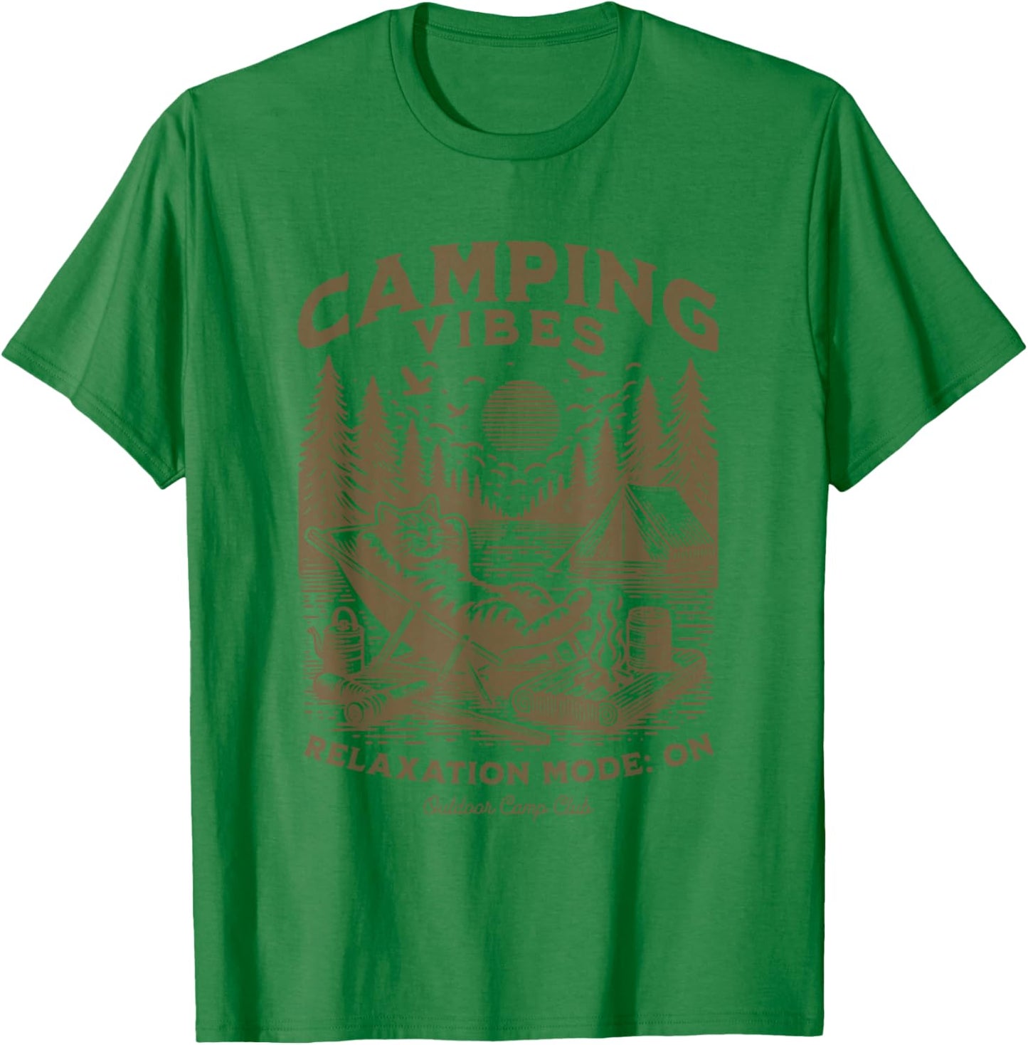 Camping Vibes Funny Cat Campfire Outdoor Nature Lovers Camp Men Women Kids T-Shirt - T-Shirt | Irish Green