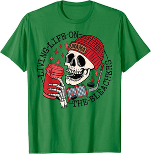 Living Life On the Bleachers Skeleton Mom Coffee Hockey Mama T-Shirt - T-Shirt | Irish Green