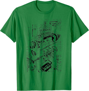 Engine Drawing, Engineer, Work Blocks and Mechanic T-Shirt - T-Shirt | Irish Green