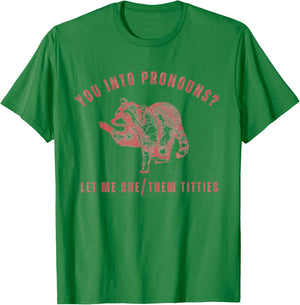 Retro Racoon You Into Pronouns Let Me She Them Titties T-Shirt - T-Shirt | Irish Green