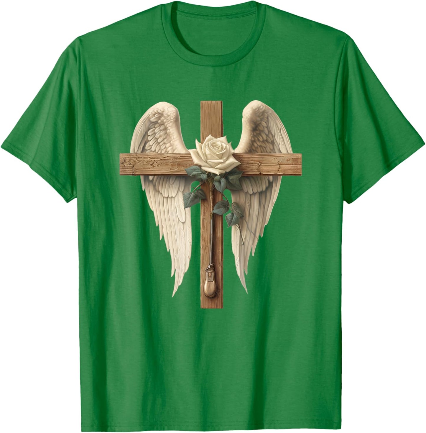 White Rose Flower Christian Cross With Angel Wings T-Shirt - T-Shirt | Irish Green