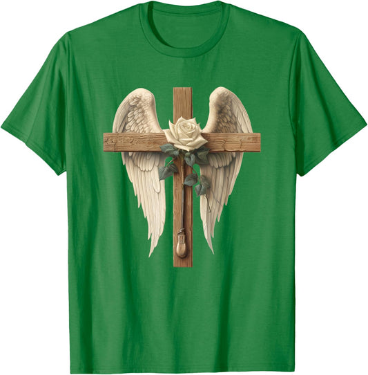 White Rose Flower Christian Cross With Angel Wings T-Shirt - T-Shirt | Irish Green