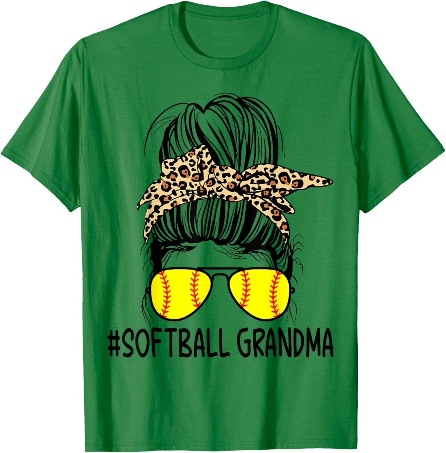 Softball Grandma Leopard Messy Bun Softball Grandma T-Shirt - T-Shirt | Irish Green