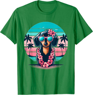 Retro Hawaiian Dachshund Dog Tropical Floral Summer Vibes T-Shirt - T-Shirt | Irish Green