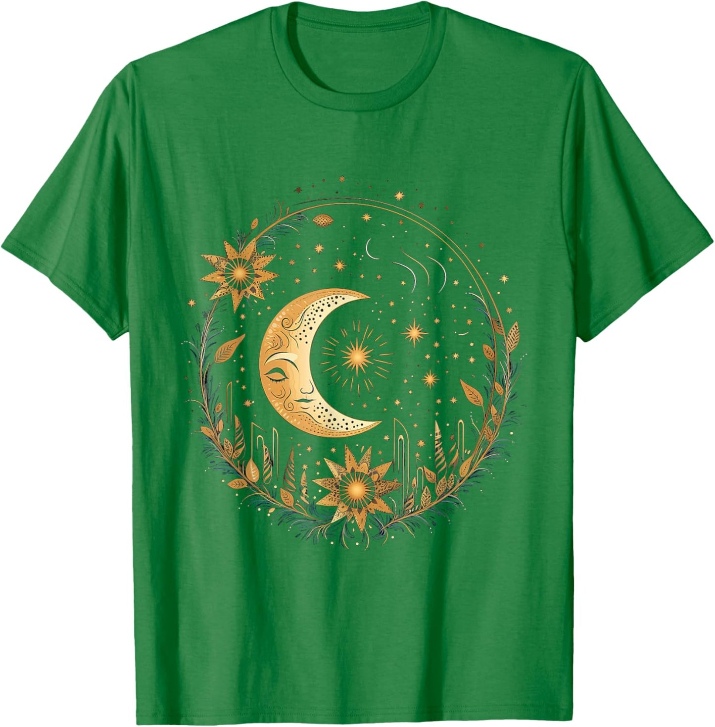 Mystical Sun and Moon with Woman Mystical Flowers Aesthetic T-Shirt - T-Shirt | Irish Green