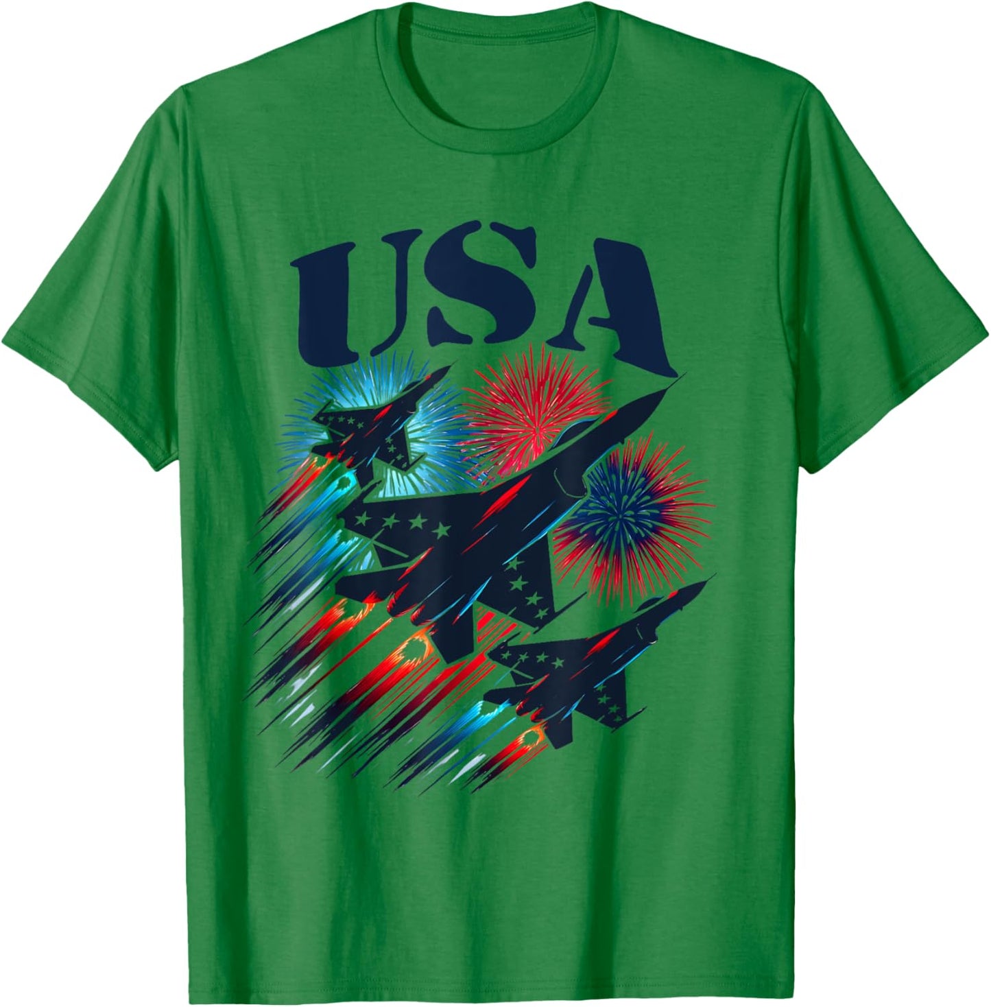 Patriotic 4th of July USA Flag Fighter Jets Planes Fireworks T-Shirt - T-Shirt | Irish Green
