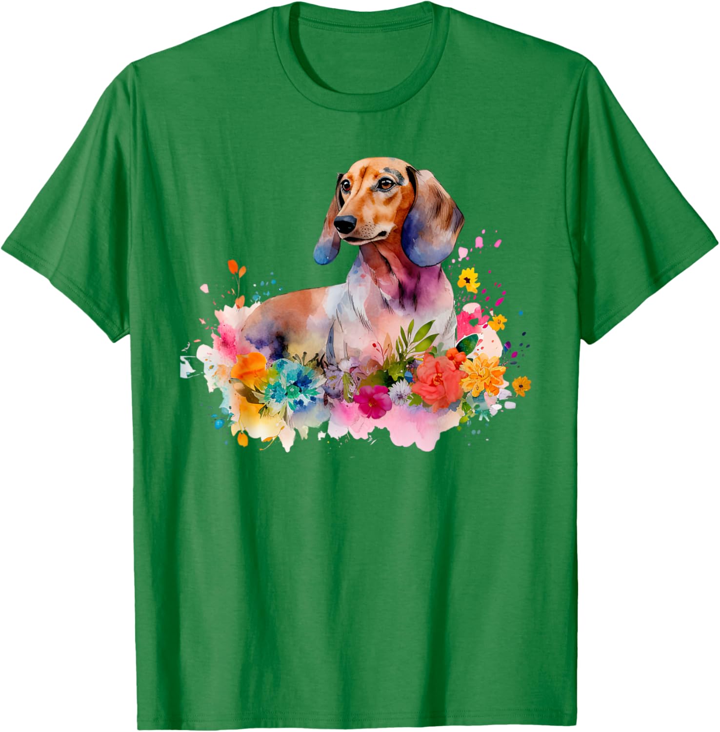 Dachshund Watercolor Art Dog Dog Breed Woman Kids Floral T-Shirt - T-Shirt | Irish Green