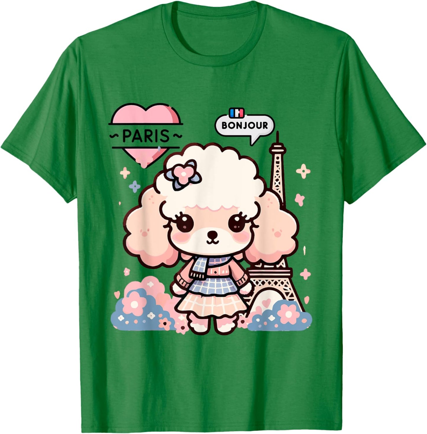 Bonjour French Paris Eiffel Tower Kawaii Toy Poodle Paris T-Shirt - T-Shirt | Irish Green