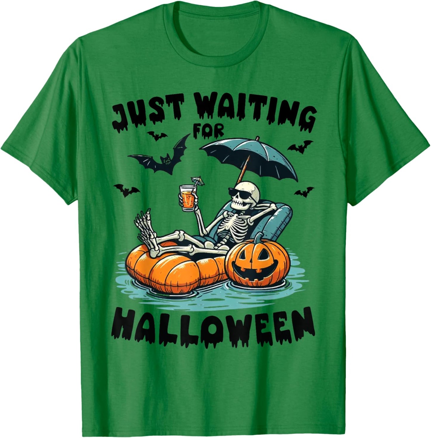 Funny Just Waiting For Halloween Skeleton Spooky Vibe Summer T-Shirt - T-Shirt | Irish Green