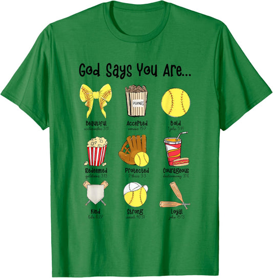 God Says You Are Softball Player Christian Cross Faith T-Shirt - T-Shirt | Irish Green