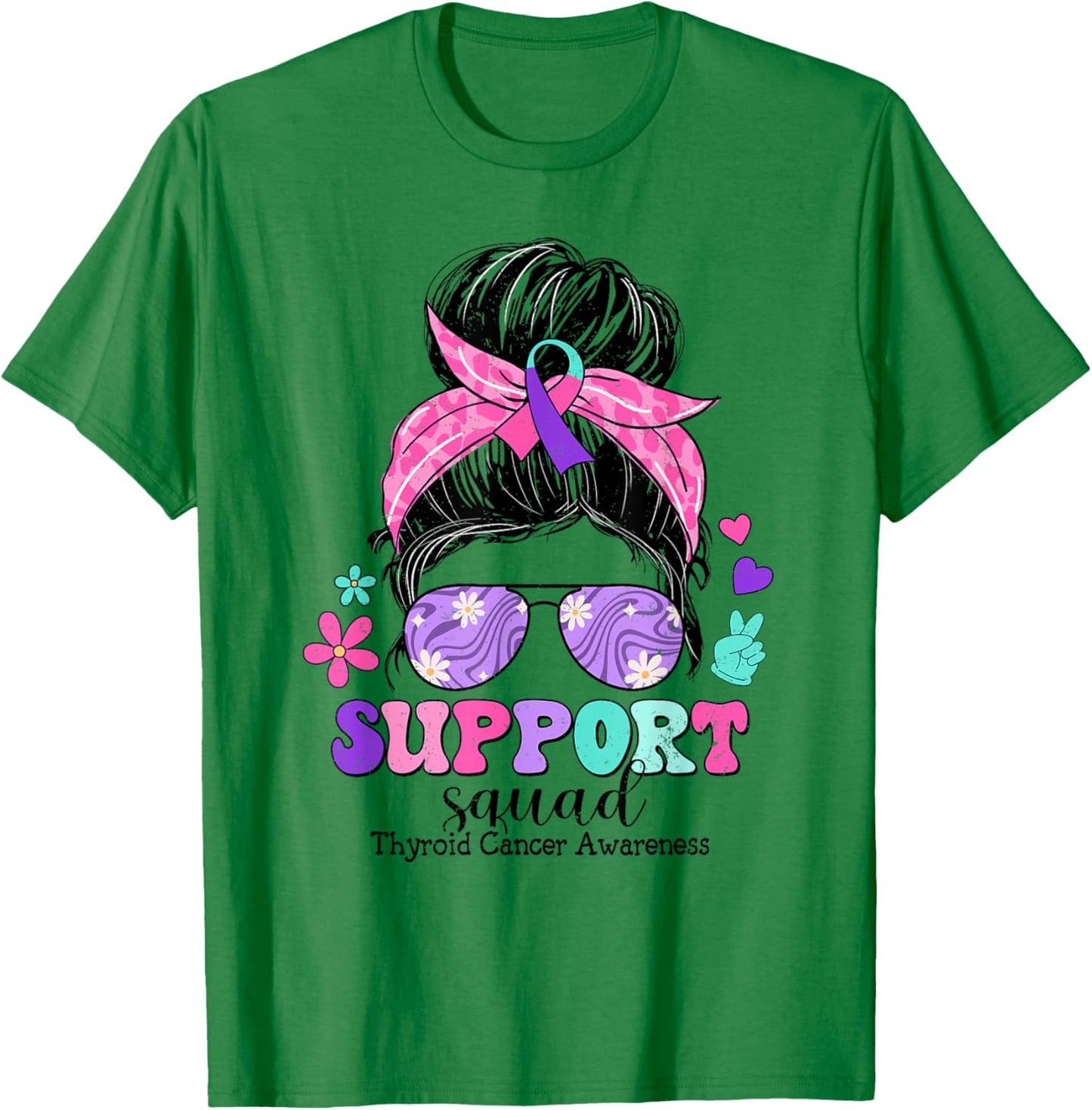 Groovy Support Squad Messy Bun Thyroid Cancer Awareness T-Shirt - T-Shirt | Irish Green