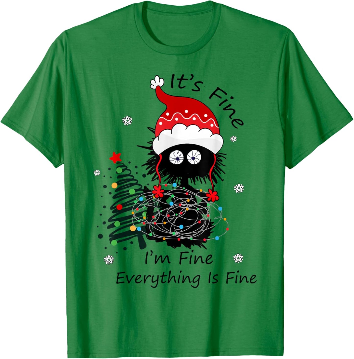 Santa Black Cat Tangled in Christmas Lights T-Shirt - T-Shirt | Irish Green