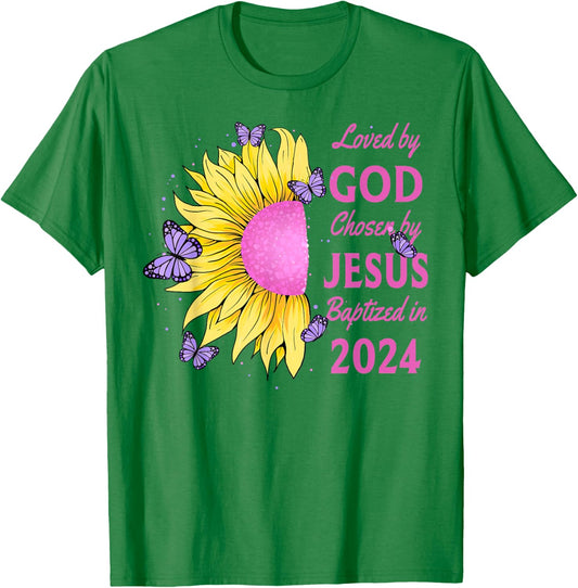 Loved By God Chosen By Jesus Baptized 2024 Pretty Sunflower T-Shirt - T-Shirt | Irish Green