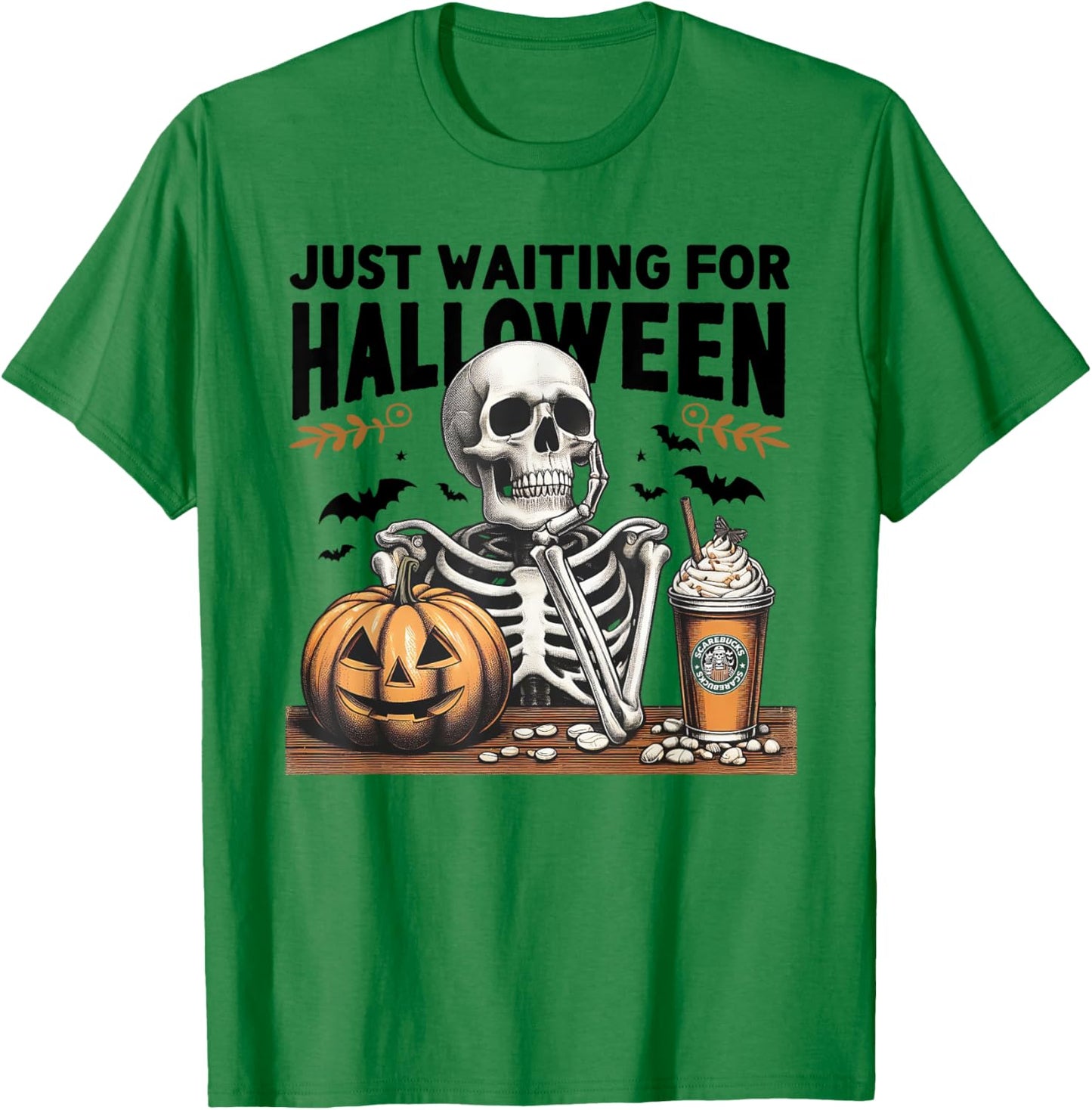 Just Waiting For Halloween Skeleton Ice Coffee Pumpkin T-Shirt - T-Shirt | Irish Green