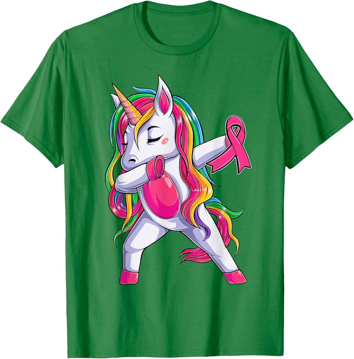Dabbing Unicorn Pink Ribbon Breast Cancer Awareness Support T-Shirt - T-Shirt | Irish Green