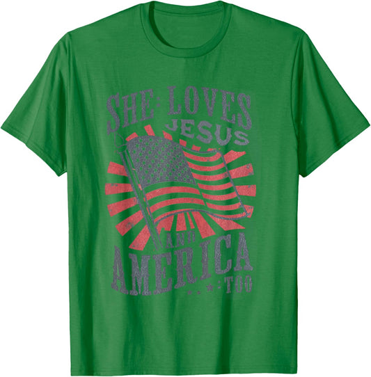 Women Retro She Loves Jesus and America Too USA 4th of July T-Shirt - T-Shirt | Irish Green