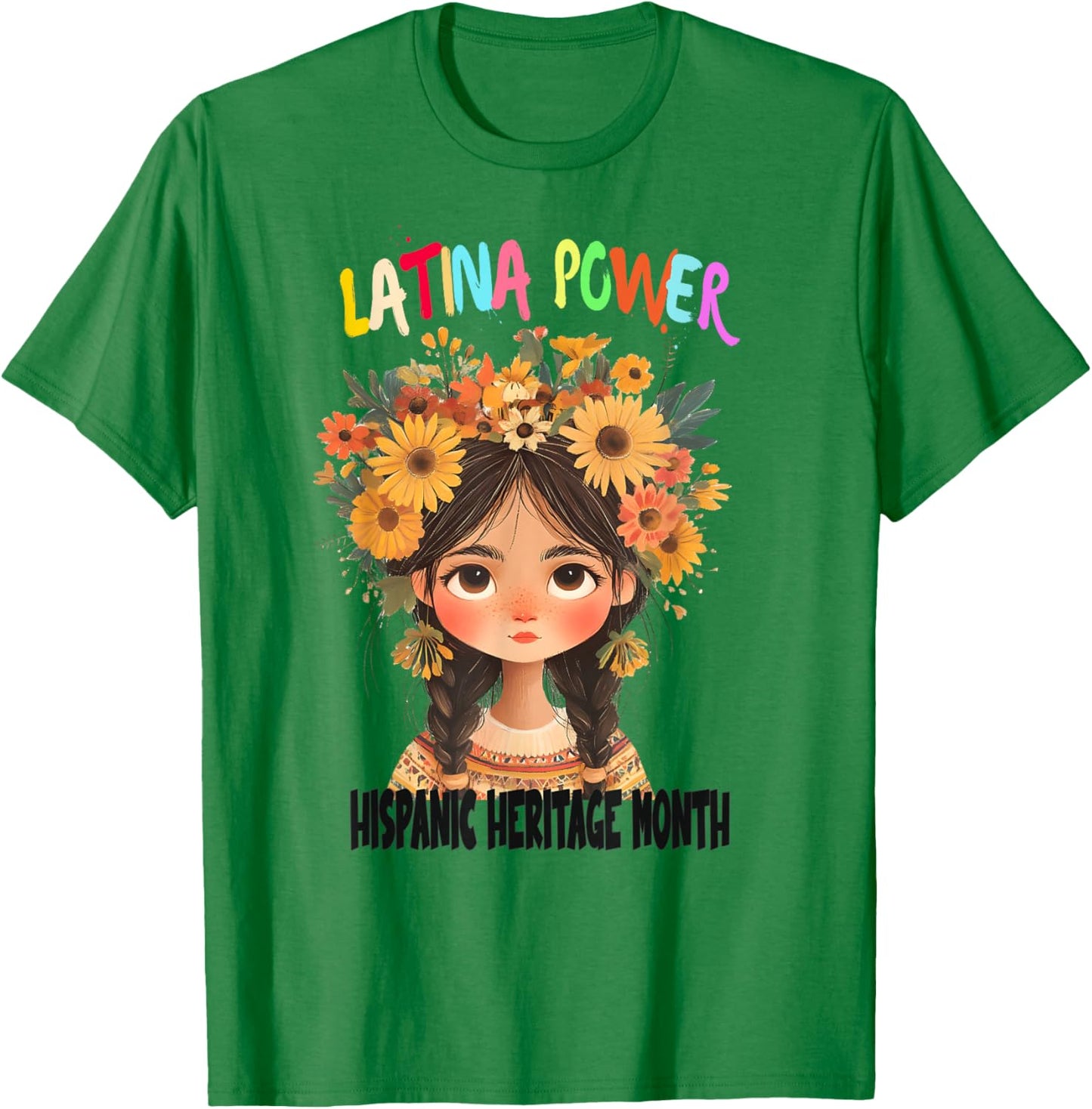 Hispanic Heritage Month Latina Power Anime Girl Flowers T-Shirt - T-Shirt | Irish Green