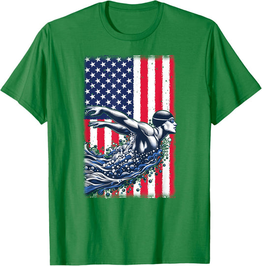 Swimming American Flag USA Swim Sport Team Swimmer Butterfly Women Kids Men T-Shirt - T-Shirt | Irish Green