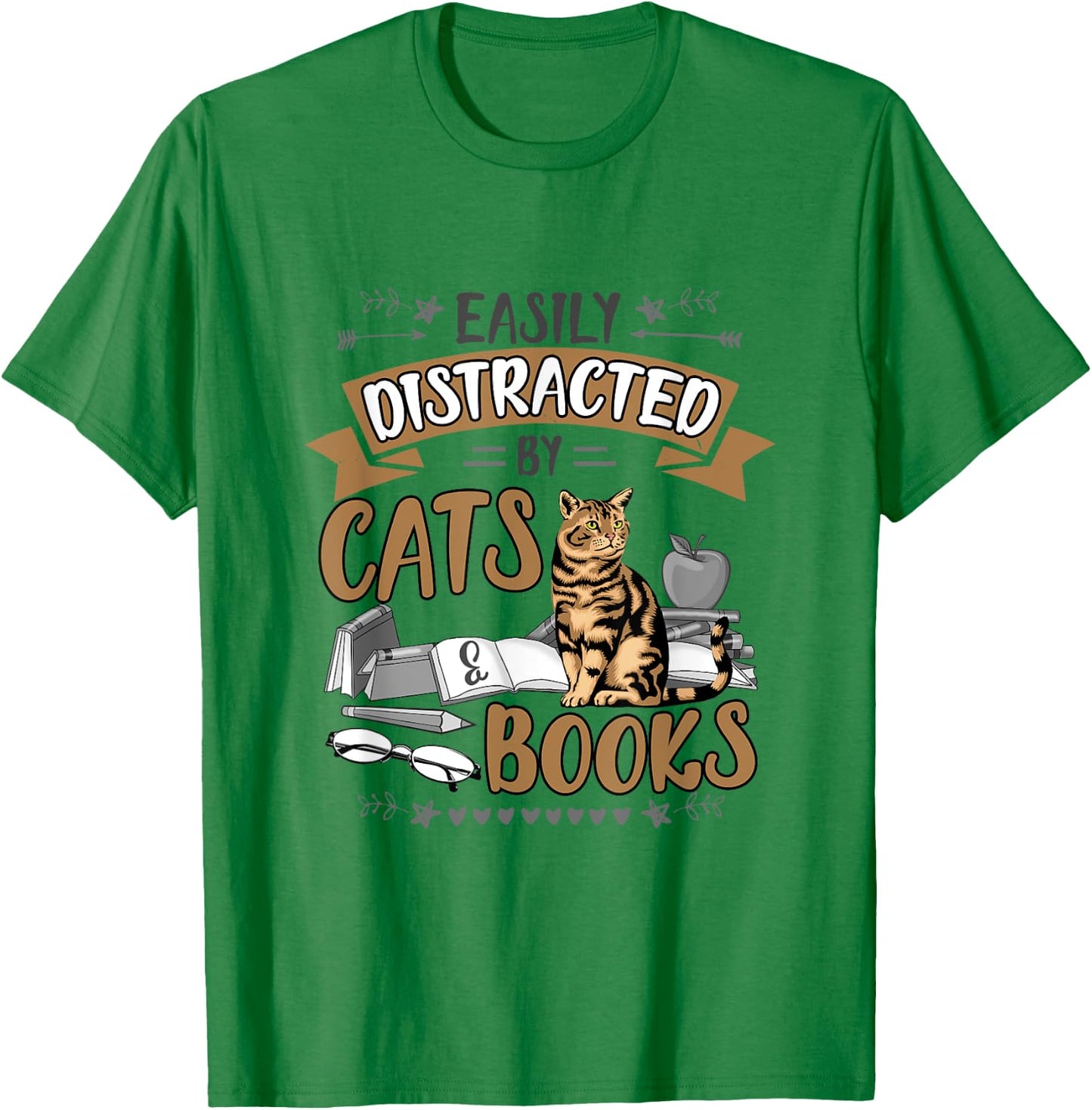 Easily Distracted by Cats and Books Men Women Cat Lovers T-Shirt - T-Shirt | Irish Green