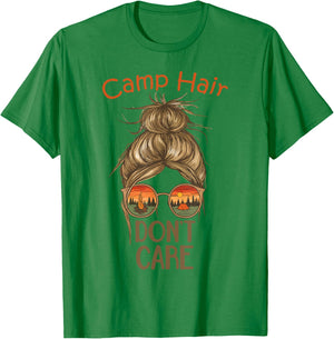 Camp Hair Don't Care Messy Bun Funny Camping Camper Women T-Shirt - T-Shirt | Irish Green