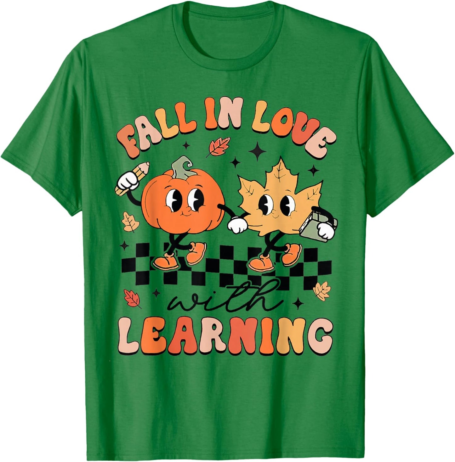 Retro Fall In Love With Learning Autumn Pumpkin Teacher T-Shirt - T-Shirt | Irish Green