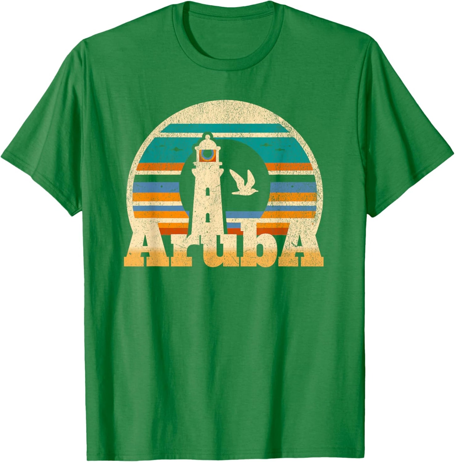 One Happy Island Aruba Shirt Retro Sunset Lighthouse Vintage T-Shirt - T-Shirt | Irish Green