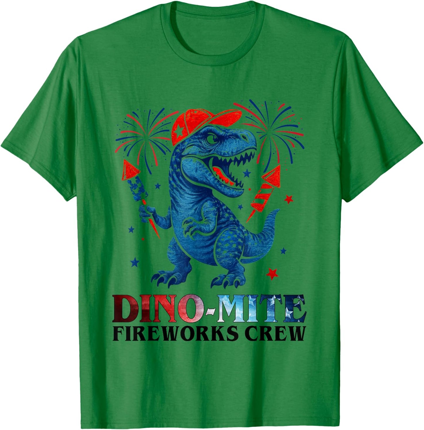 Dino-Mite Fireworks Crew Dinosaur USA Flag 4th Of July Kids T-Shirt - T-Shirt | Irish Green
