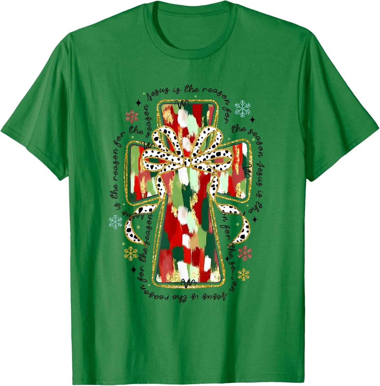 Christmas Jesus is the Reason Christian Cross Coquette Bow T-Shirt - T-Shirt | Irish Green