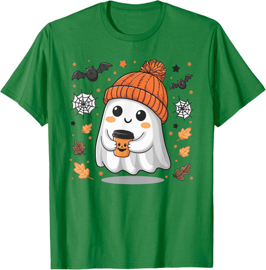 Cute Ghost Drinking Coffee Halloween Ghost Ice Coffee T-Shirt - T-Shirt | Irish Green