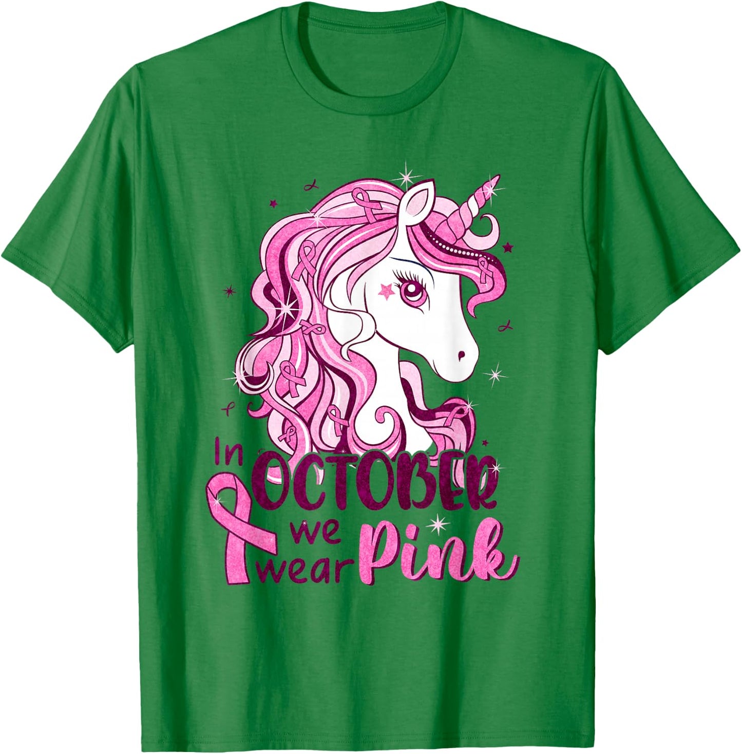 In October We Wear Pink Unicorn Breast Cancer Shirts Girls T-Shirt - T-Shirt | Irish Green