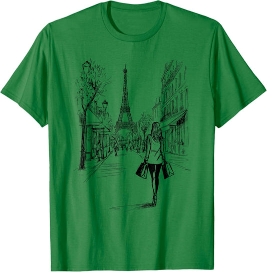 Paris Shopping Eiffel Tower Cute Girl Drawing Souvenir Art T-Shirt - T-Shirt | Irish Green