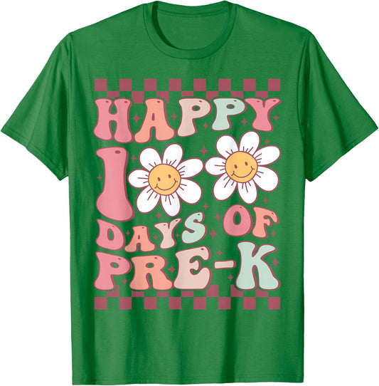 Happy 100 Days of Pre-K Cute Groovy 100th Day of Preschool T-Shirt - T-Shirt | Irish Green