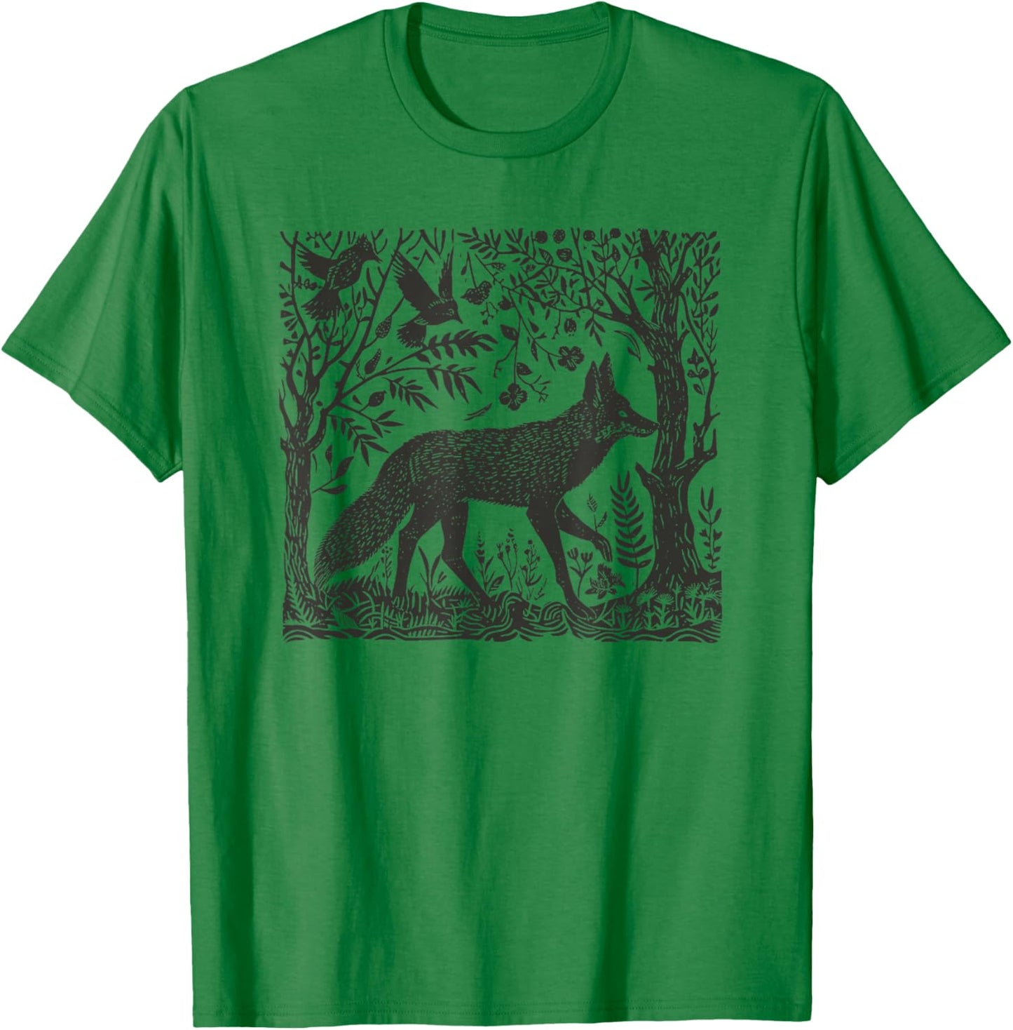 Folklore Forest Fox Lino Print T-Shirt - T-Shirt | Irish Green