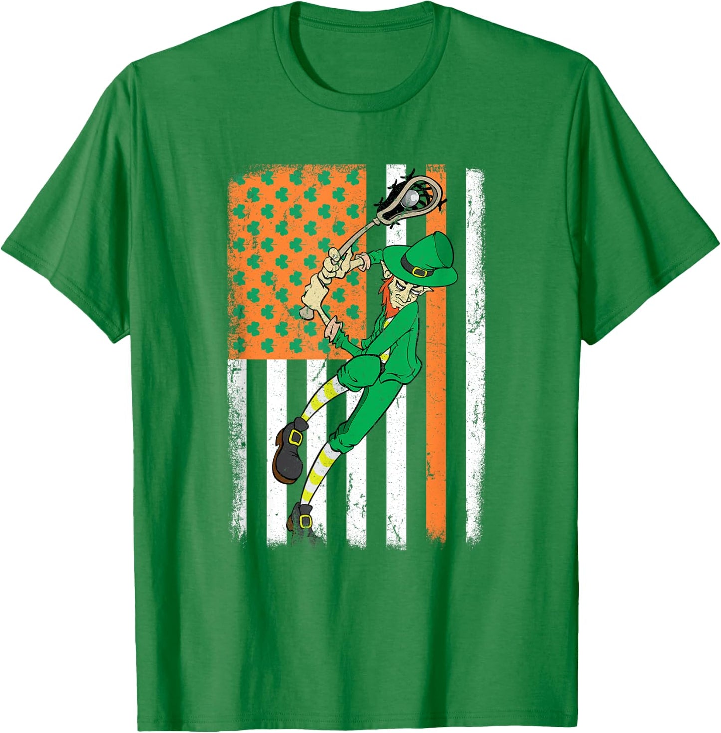 Lacrosse Player Leprechaun Irish USA Flag St Patrick's Day Kids Men T-Shirt - T-Shirt | Irish Green
