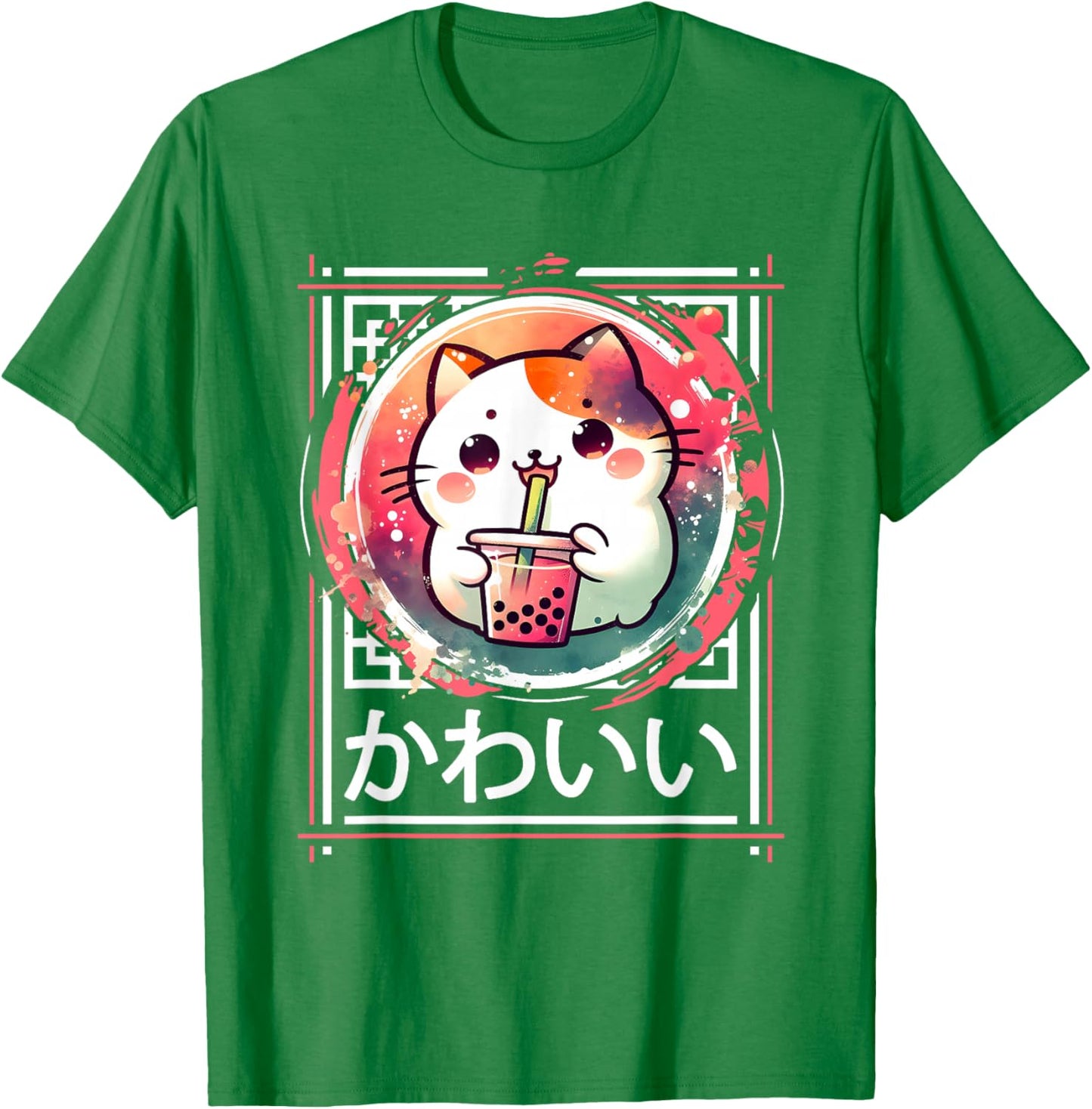 Cute Cat Boba Tea Anime Japanese Kids Teens , Black, S T-Shirt - T-Shirt | Irish Green