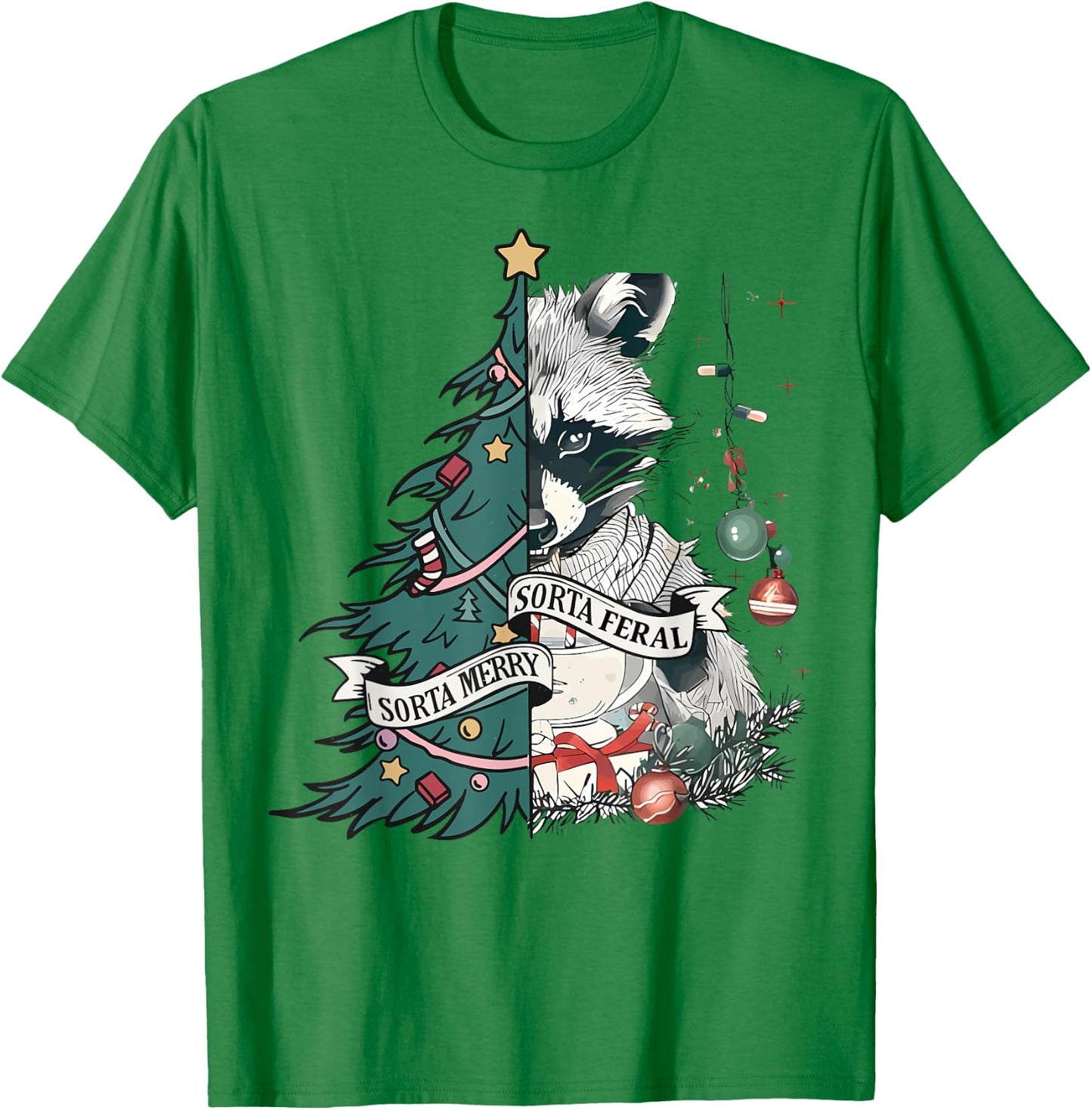 Funny Christmas Sorta Merry Sorta Feral Raccoon Xmas Tree T-Shirt - T-Shirt | Irish Green