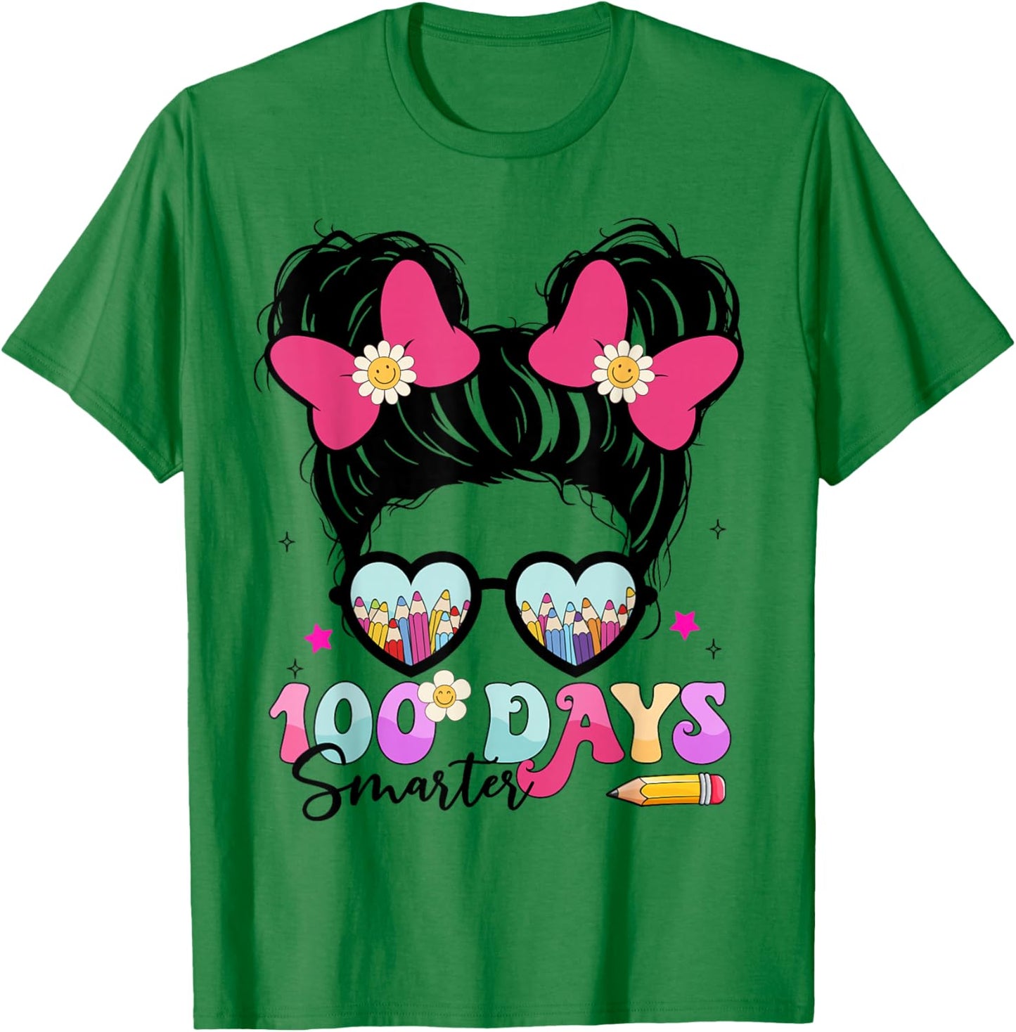 Messy Bun Hair 100th Day of School 100 Days Smarter Kids T-Shirt - T-Shirt | Irish Green