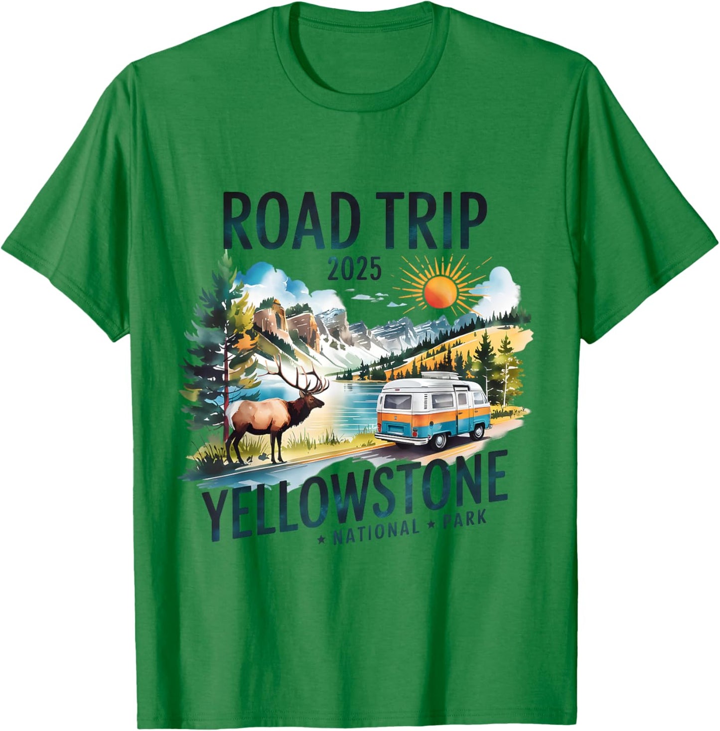 Yellowstone Road Trip 2025 Nature Adventure Souvenir Design T-Shirt - T-Shirt | Irish Green