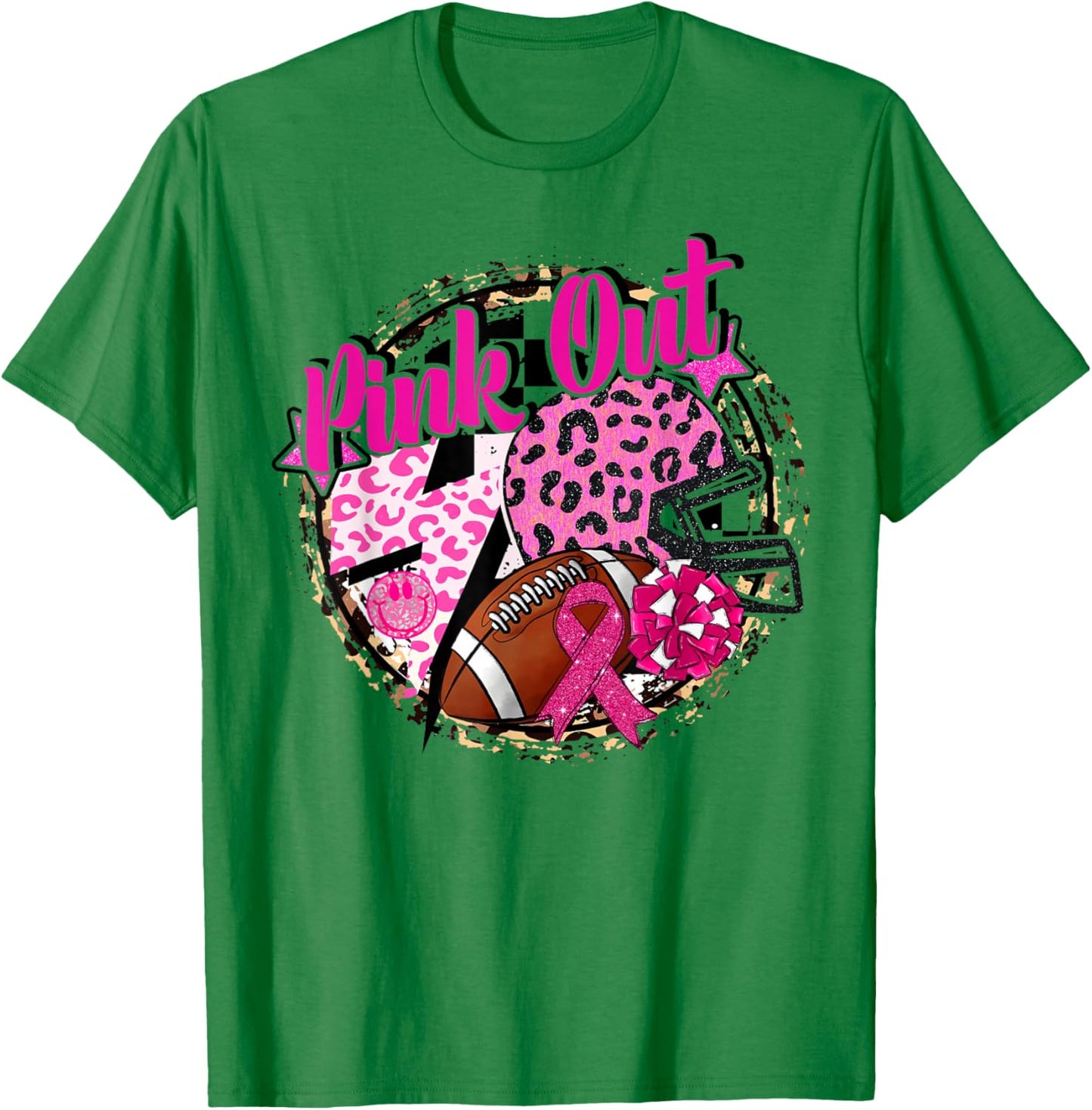 Pink Out Cheer Football Pink Ribbon Breast Cancer Awareness T-Shirt - T-Shirt | Irish Green
