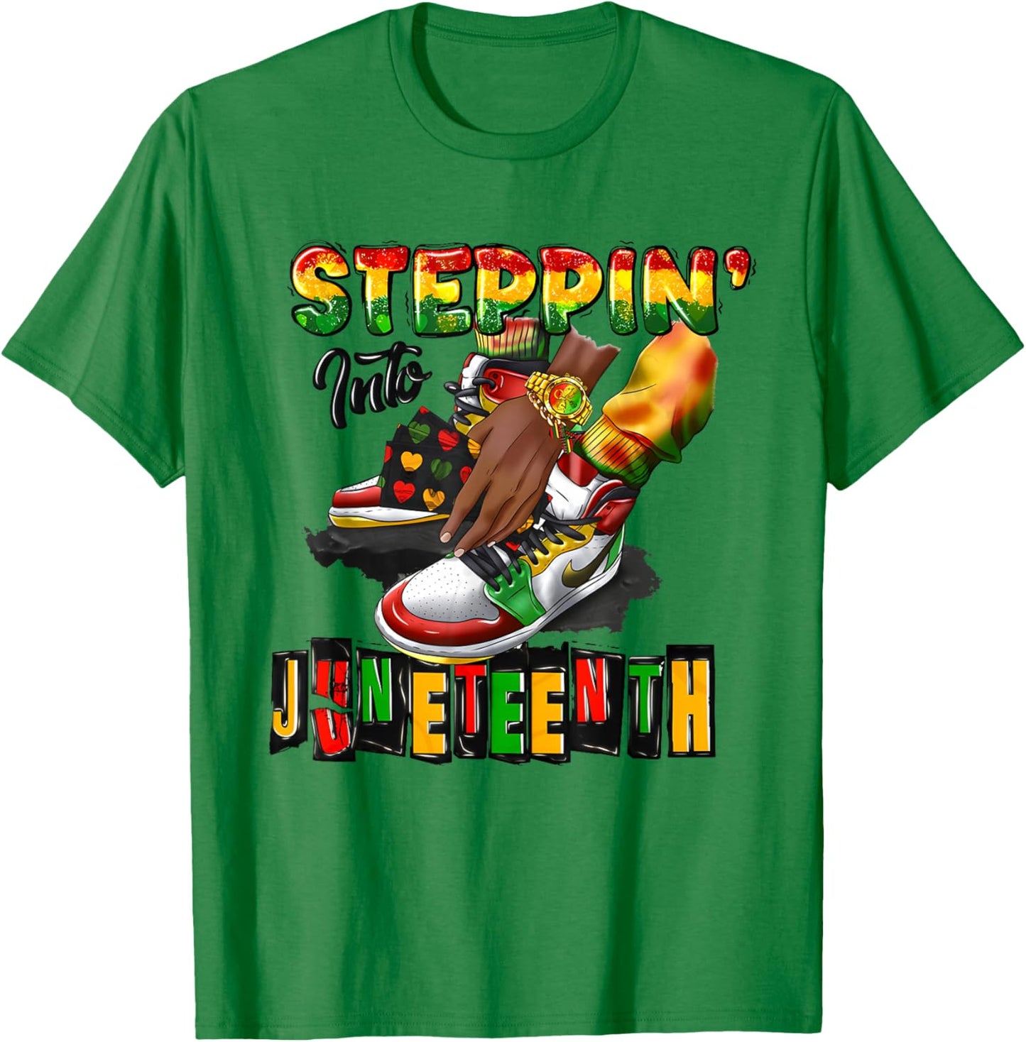 Stepping Into Juneteenth Afro Woman Black Girls Sneakers Men T-Shirt - T-Shirt | Irish Green