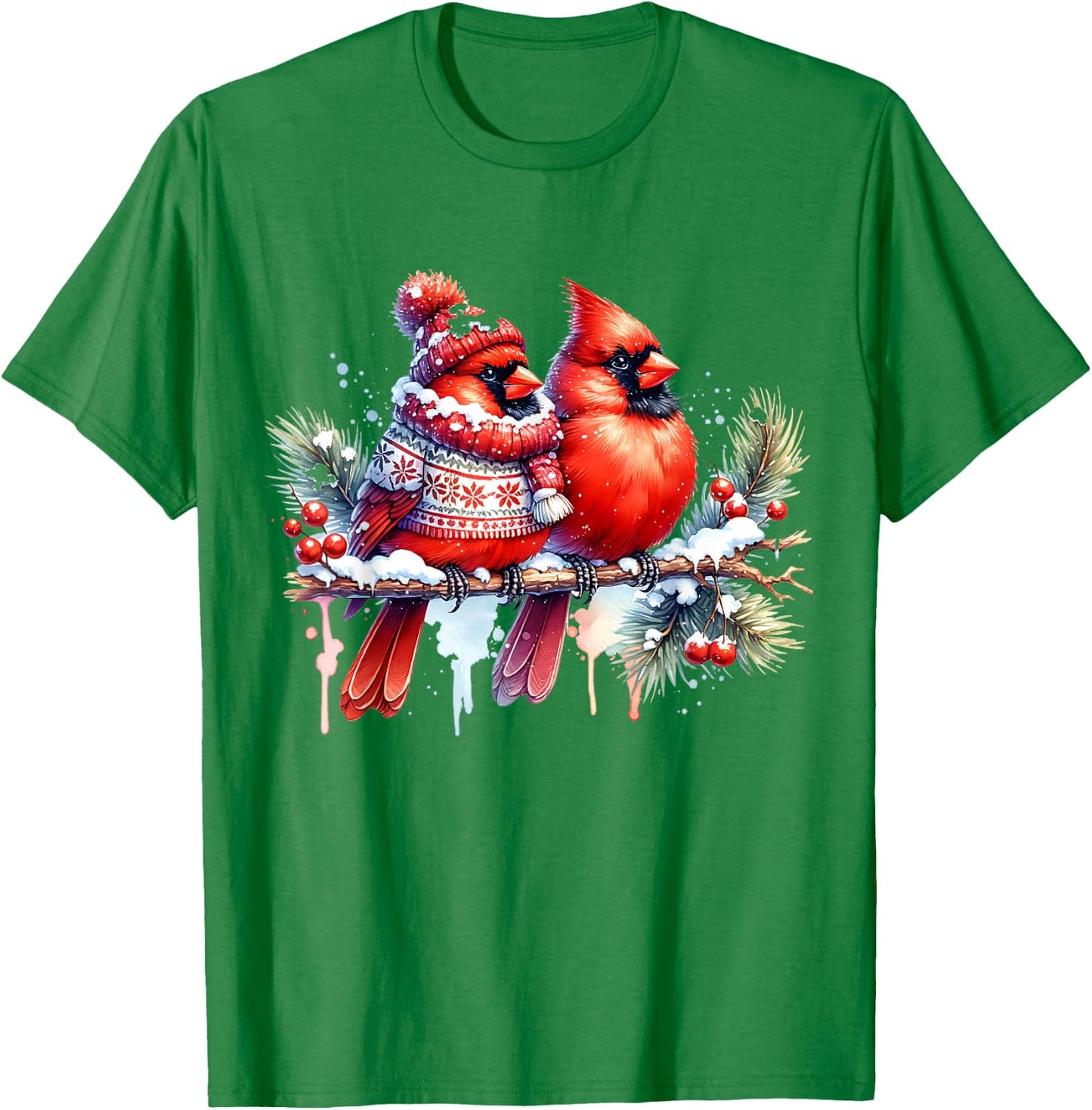 Red Christmas Cardinal Pair Snow Cute Bird Winter lovers T-Shirt - T-Shirt | Irish Green