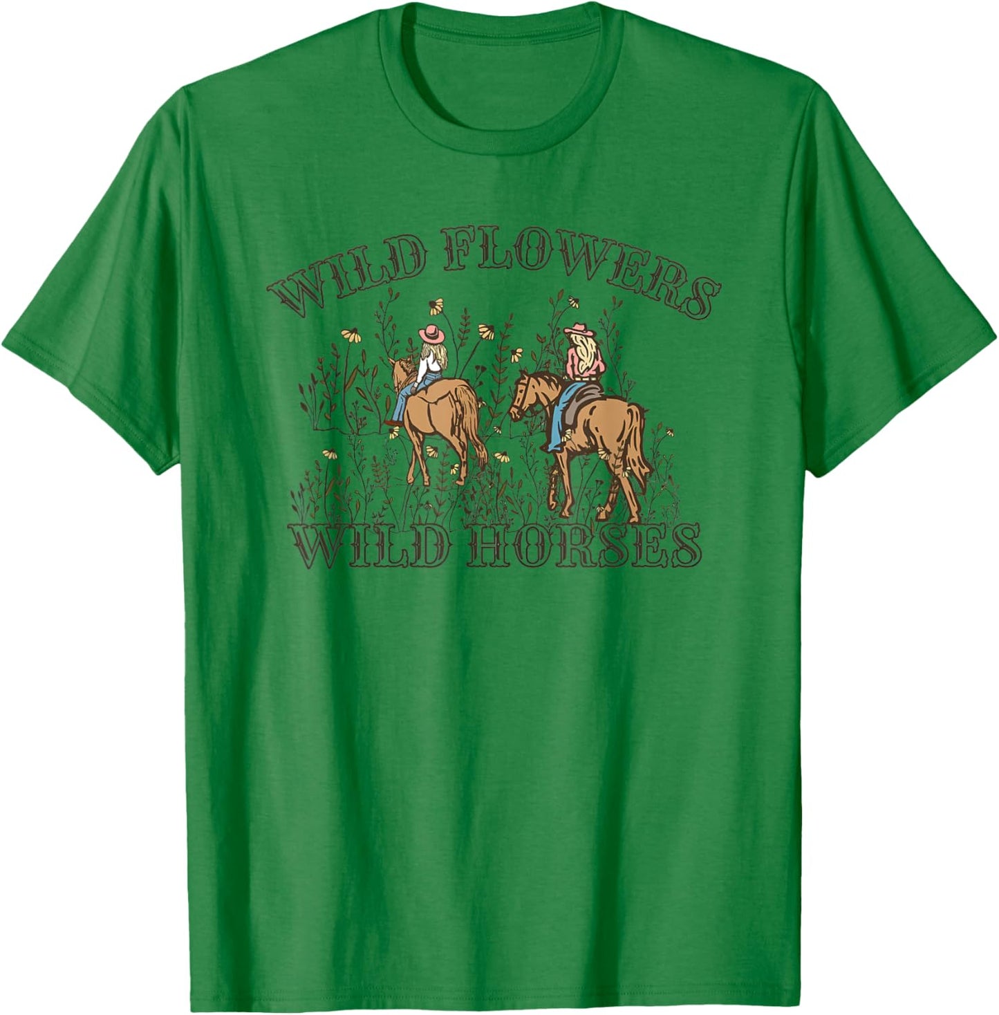Sunset Cowgirl Riding Horse Wild Flowers - Wild Horses T-Shirt - T-Shirt | Irish Green
