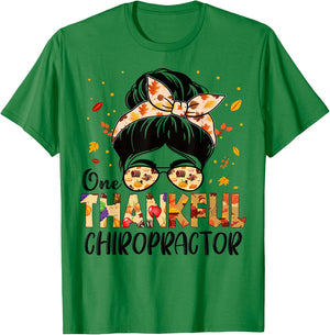 Chiropractor One Thankful Messy Bun Thanksgiving Fall Autumn T-Shirt - T-Shirt | Irish Green