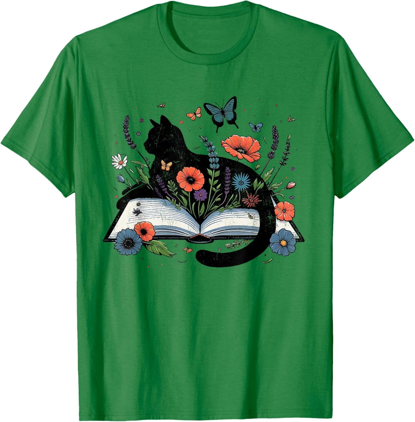 Retro Cute Cat Floral Book Librarian Vintage Floral Cat Book T-Shirt - T-Shirt | Irish Green