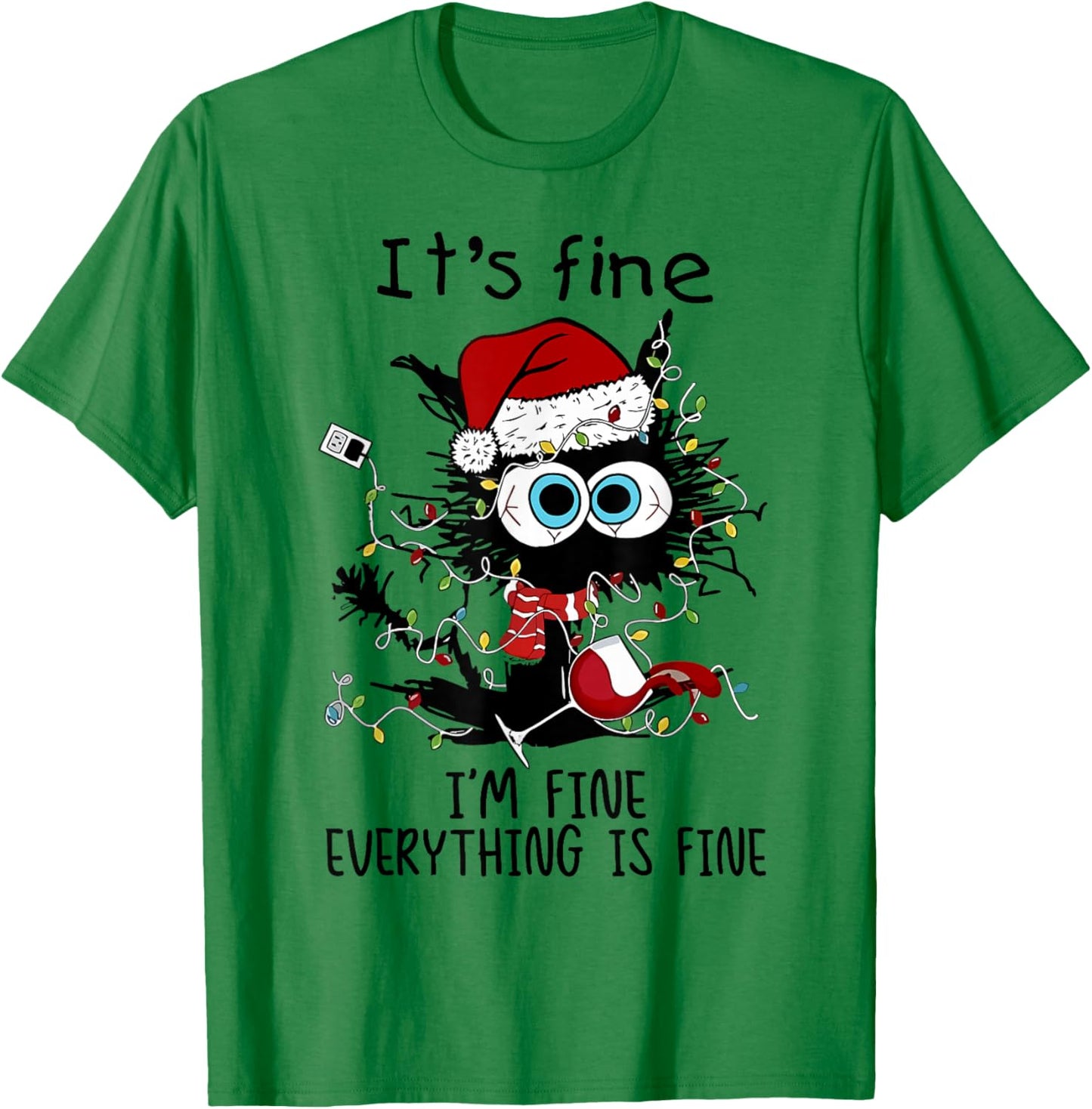 I'm Fine This Is Fine Everything Is Fine Black Cat Christmas T-Shirt - T-Shirt | Irish Green