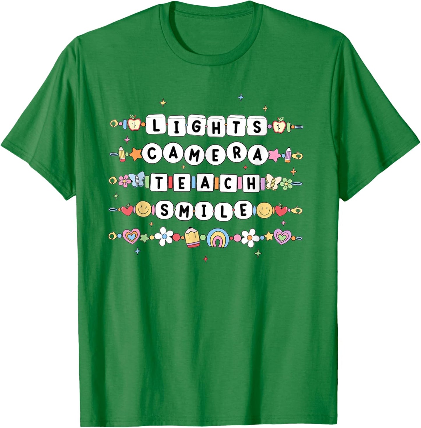 Women Lights Camera Teach Smile Teacher First Day Of School T-Shirt - T-Shirt | Irish Green