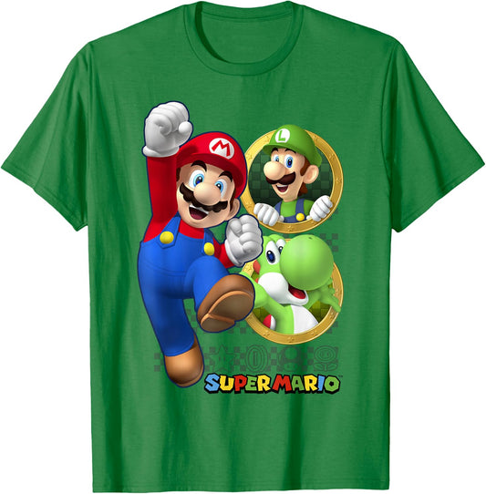 Super Mario Luigi Yoshi & Mario Portraits T-Shirt - T-Shirt | Irish Green