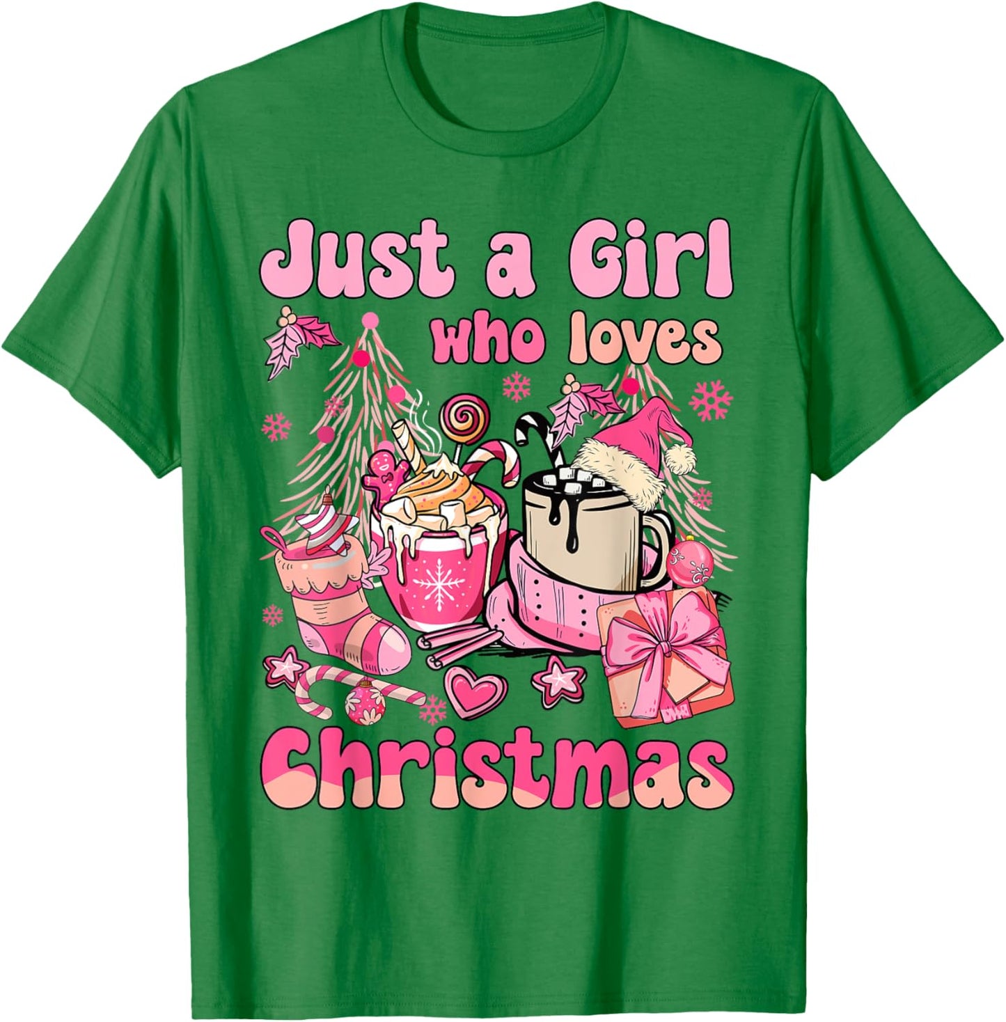 Just A Girl Who Loves Pink Christmas Santa Claus And Coffee T-Shirt - T-Shirt | Irish Green