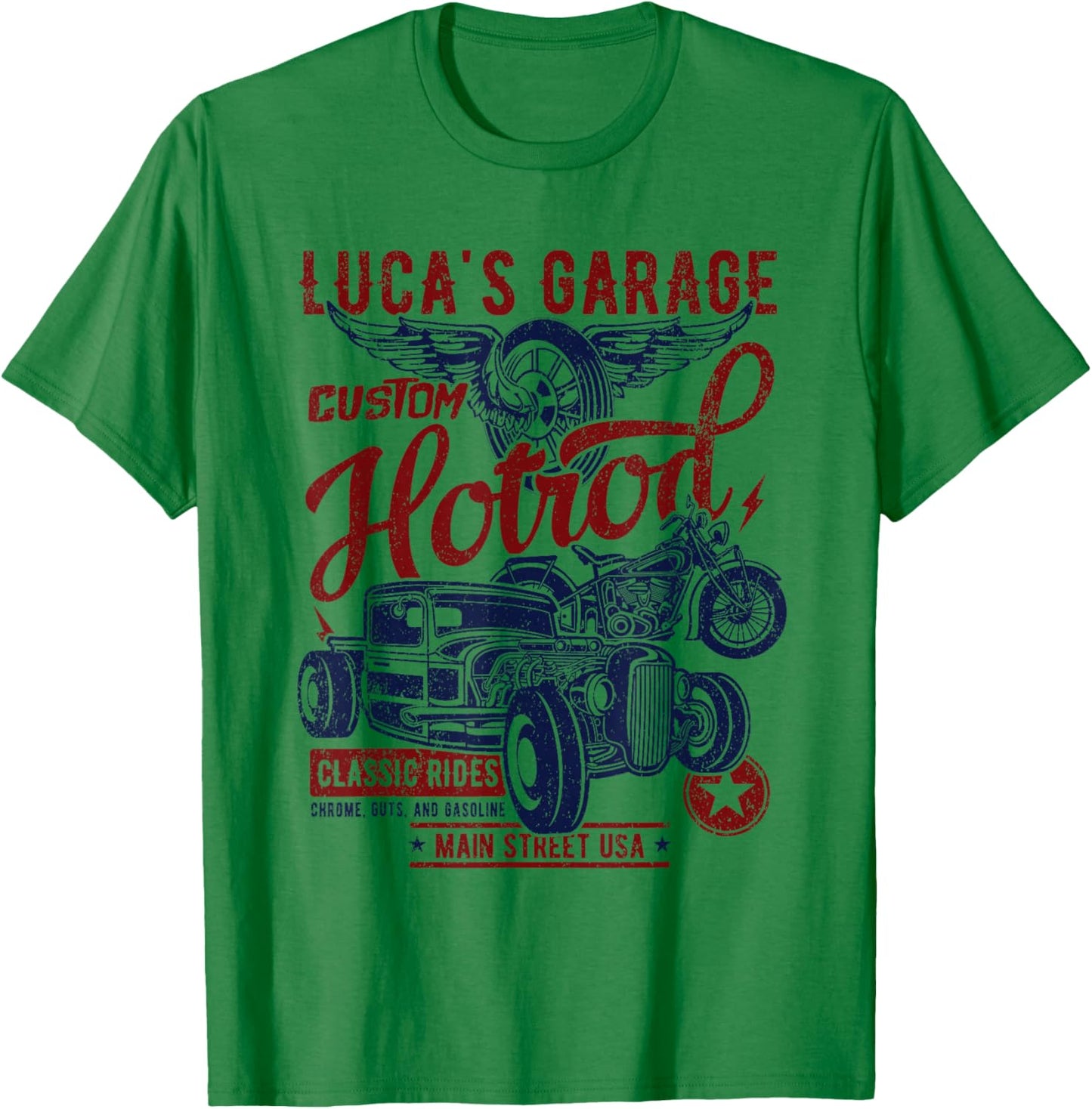 Luca's Garage Hotrod Classic Rides Distressed Design T-Shirt - T-Shirt | Irish Green
